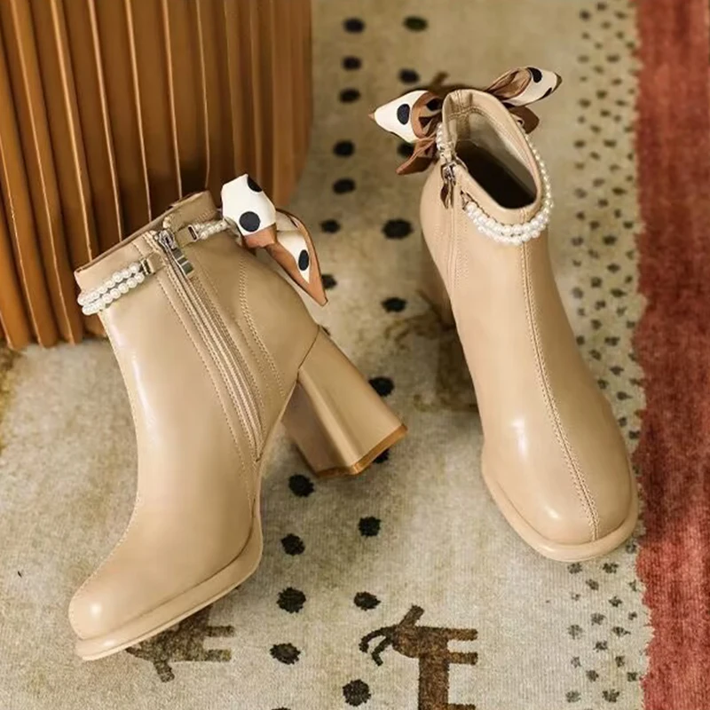 Pearl with Thick Heel Mary Jane Shoes Spring Autumn 2024 New Square Toe High-heeled Shoes Women Platform Heels Bling Shoes 40