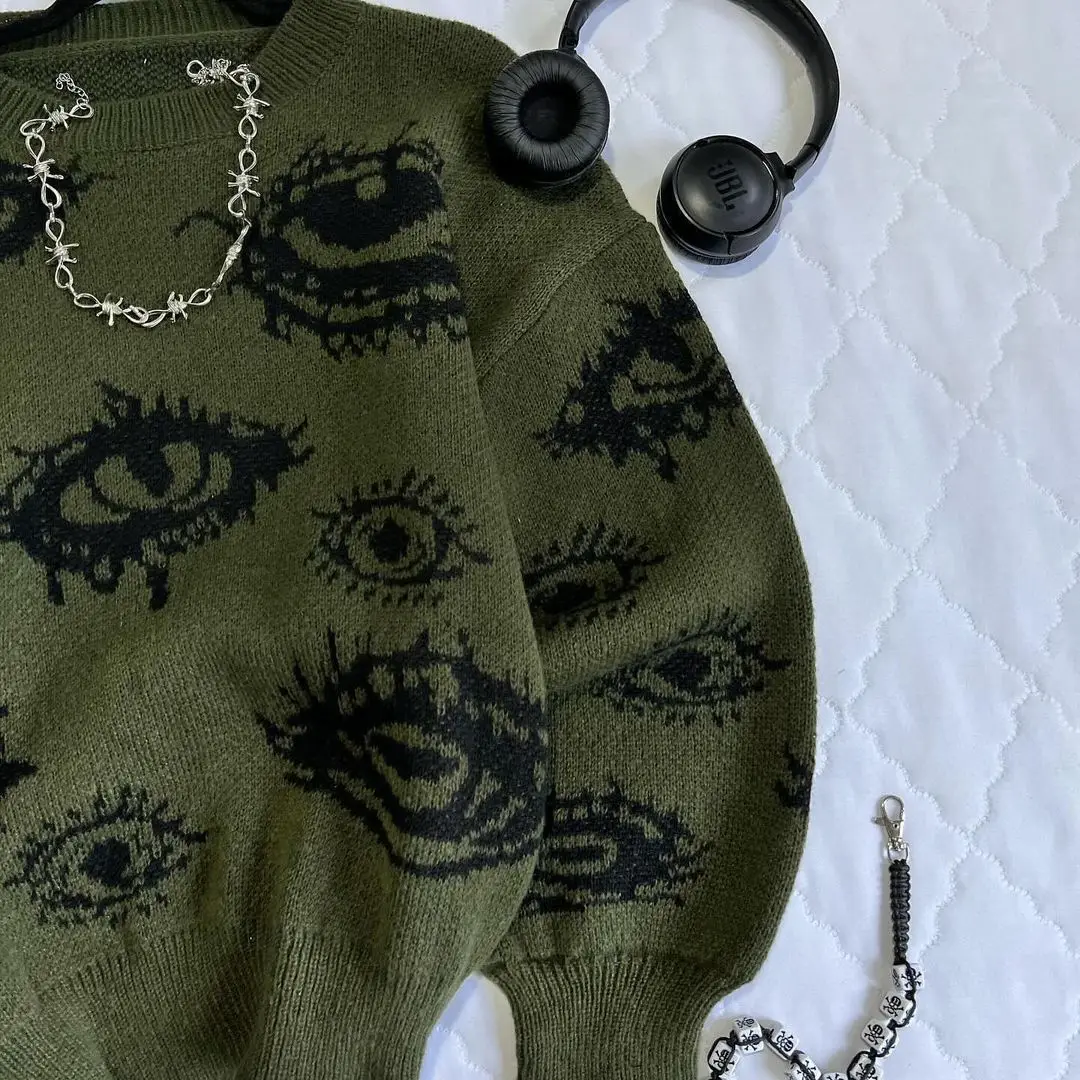 Gothic Punk Oversized Eye Pattern Sweaters for Men and Women Autumn and Winter Thickened Sweatshirts Knitted Sweater Streetwear 3