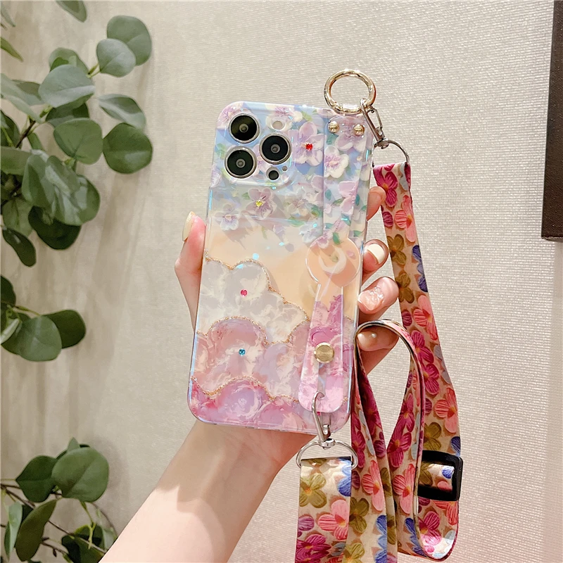 Elegant Floral Diamond Soft Cover with Crossbody Lanyard and Wrist Strap