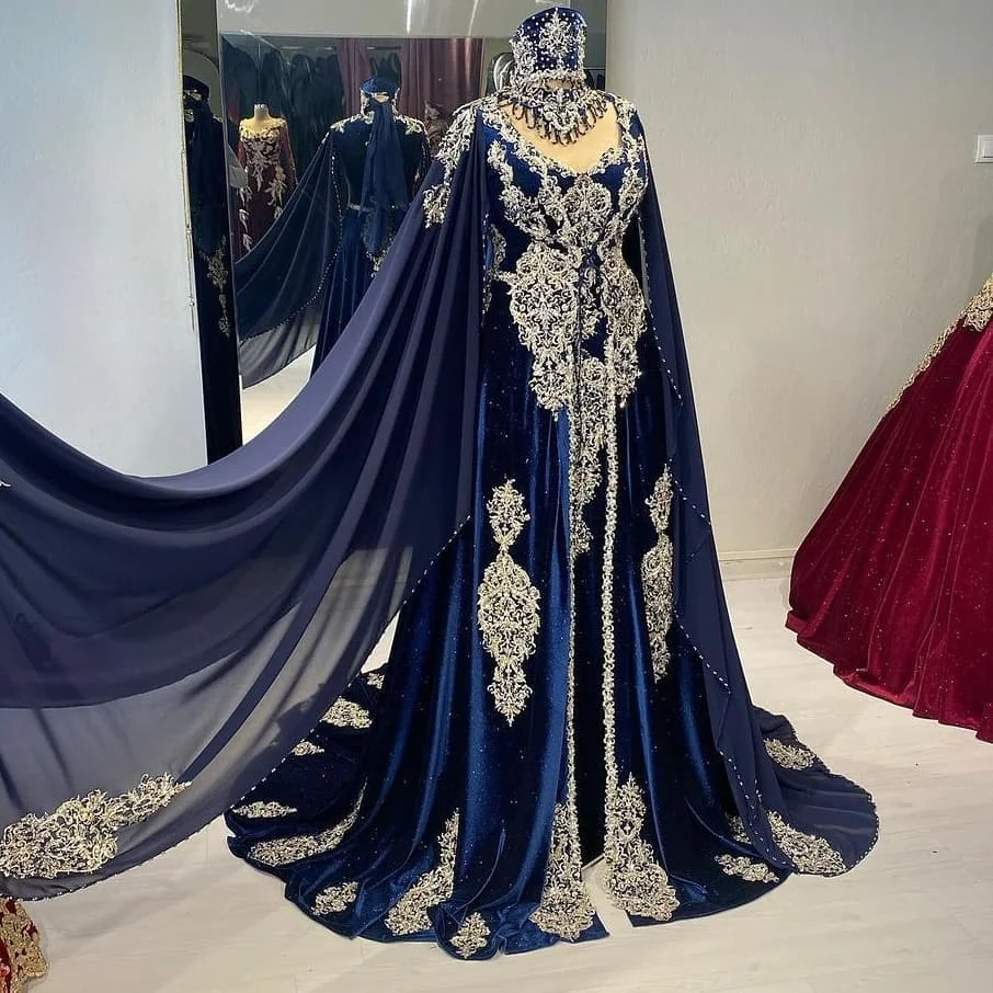 Navy Blue Wedding Dress Bride Dress Long Sleeve Muslim Bridal Sweep Train |  eBay