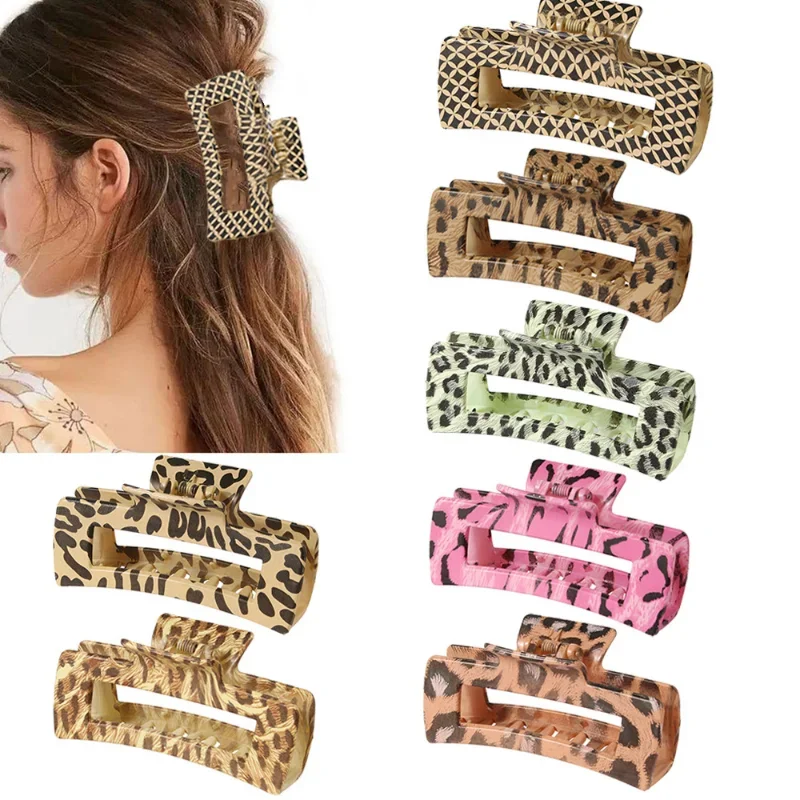 Simple Large 10.5CM Square Hair Claw Clips Korean Charm Summer Retro Leopard Print Plastic Bathing Hairpin Accessories Headdress withered british fashion blogger retro square neck knit jumpsuit autumn winter ribbed sexy slim fit knit jumpsuit women