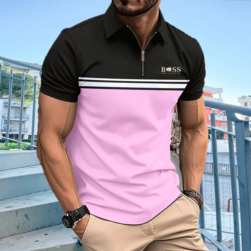 Description Picture 5 of itemHot selling men's summer short sleeved contrasting lapel zippered polo shirt, men's slim fit sports golf polo shirtpolyester top