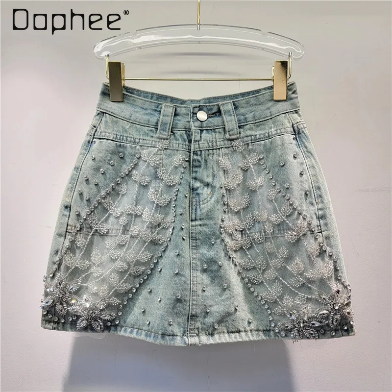 Embroidered Leaves Rhienstones Denim Skirt for Women 2024 Summer New High Waist Mesh Stitching White Short Jean Skirts Female