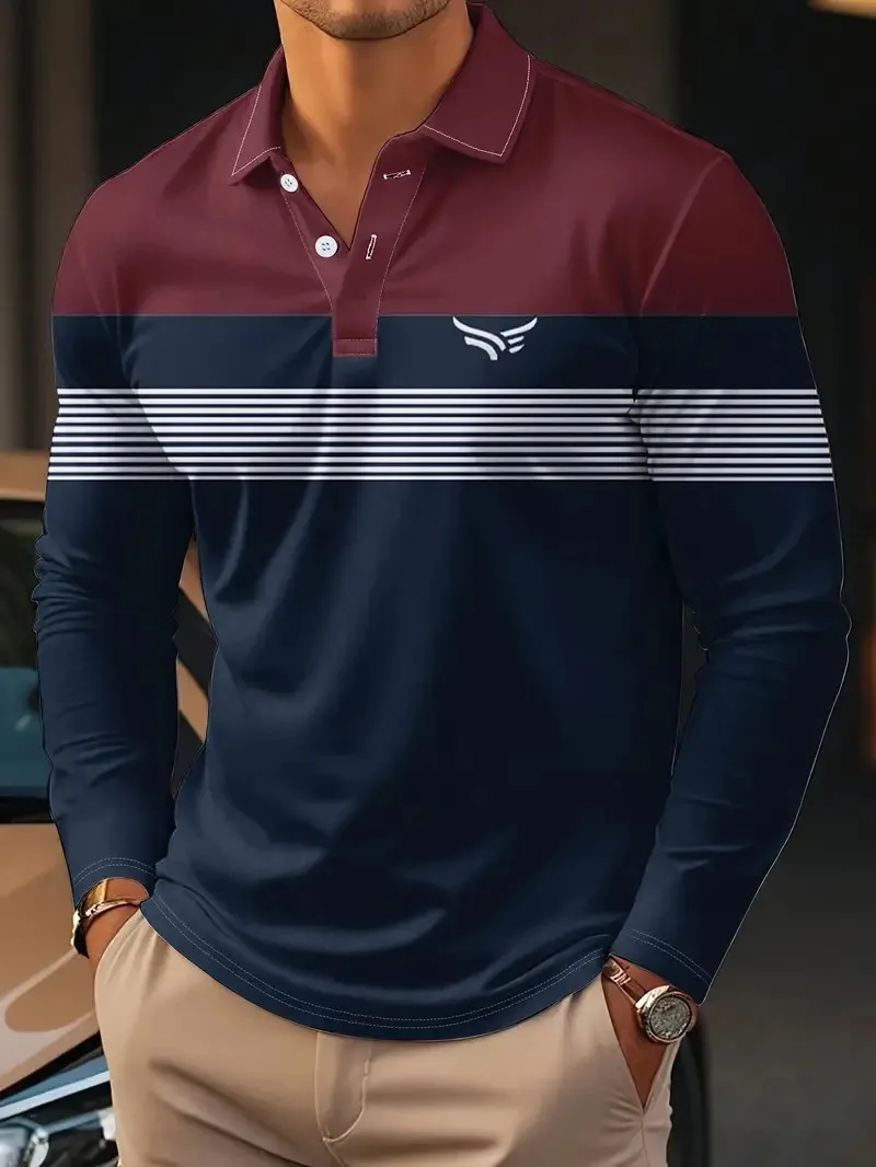 Men’s long sleeve 3D striped breathable casual streetwear polo shirt 6598