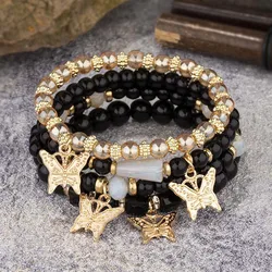 Elegant Bohemian Butterfly Beaded Bracelet Set - Pink Acrylic Beads and Elastic Chain Bangle (4)