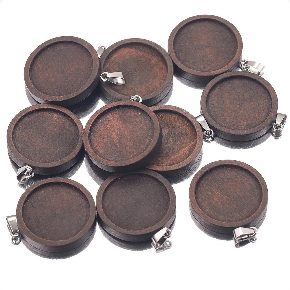 10 Stück 20/25/30 mm braune Holz-Halsketten-Anhänger-Fassung, Cabochon-Cameo-Grundtablett, Lünette, blanko, passend für die Schmuckherstellung