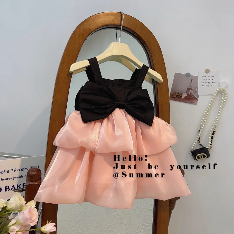 2024Summer New Girls' Cute Matching Color Big Bow Baby Princess Children's Braces Skirt22032