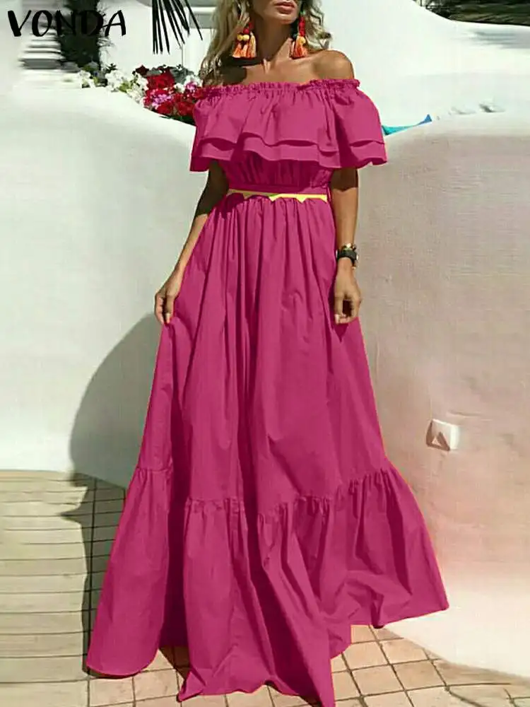 

VONDA Bohemian Women Ruffled Maxi Sundress Summer Long Dress 2024 Sexy Short Sleeve Off Shoulder Robe Party Casual Solid Vestido