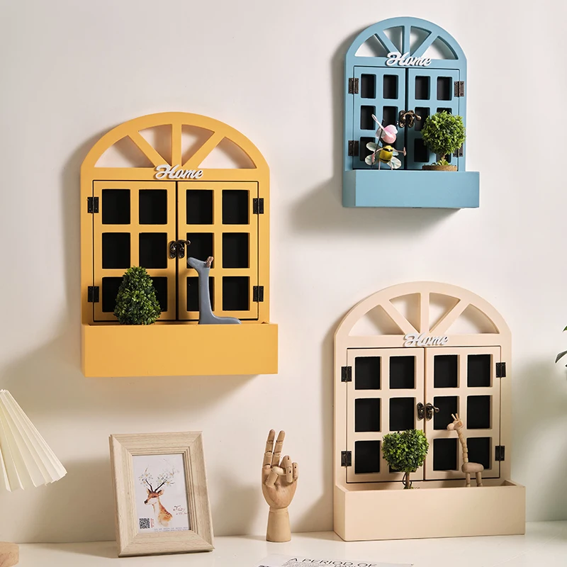 

Nordic INS door wall decoration, fake windows, and shelves on the wall to create a creative background wall combination for the