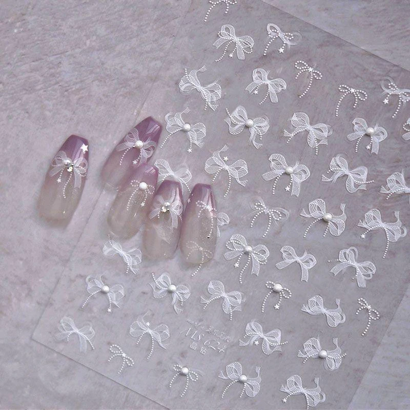 White 5D Pearl Lace Bowknot Wave Lines Nail Stickers Elegant Exquisite Nail Decoration Decals DIY Self Adhesive Transfer Slider 5