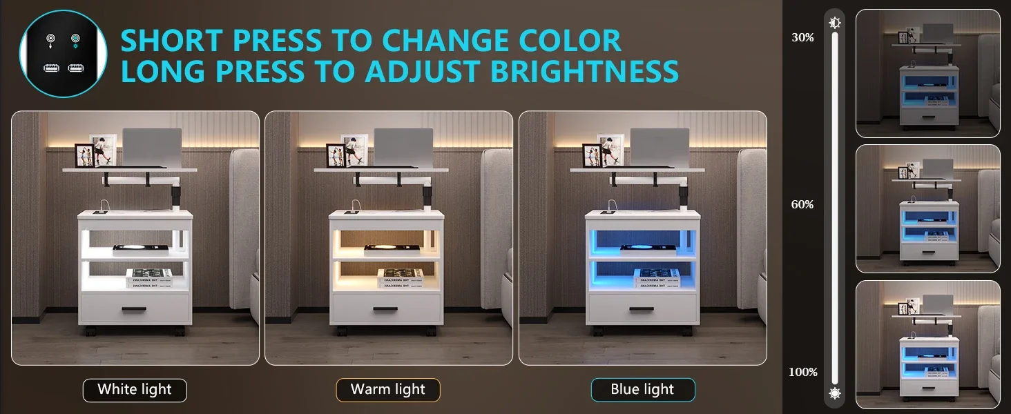 Bedside table with 3 color and dimmable brightness function