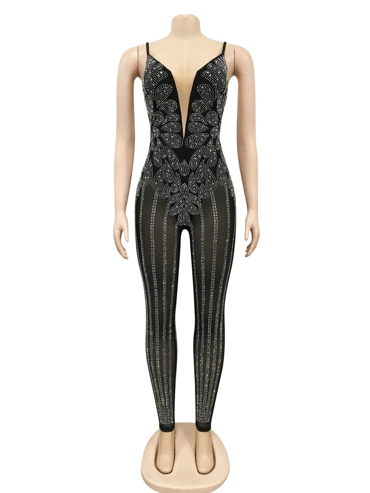Solid Color Mesh Camisole Jumpsuit Sexy Sleeveless Hot Diamond Perspective Women's Clothing Fashion Tight Nightclub Jumpsuit