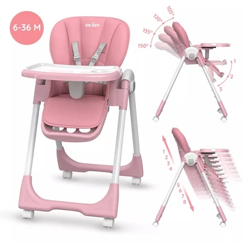 Sejoy Baby High Chair Foldable Highchair Adjustable Backrest Double Removable Tray Detachable PU Leather Cushion High Chair for 4