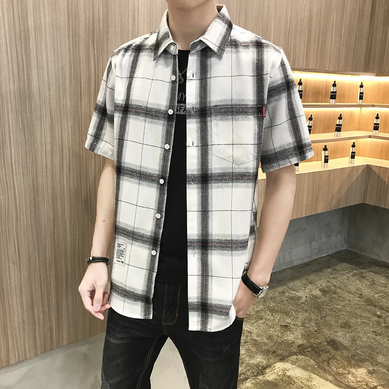 

Summer Men Plaid lapel Shirt Shirts New Fashion Chemise Homme Mens Short Sleeve Shirts Men Blouse Top Coat