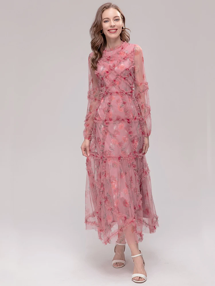 

Fashion Runway Mesh Printing Dress Spring Autumn Women Fungus Ruffles Long Vestidos Party Vacation Expansion