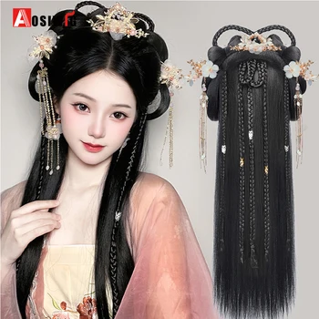 Copricapo Sintetico Hanfu: Fascia per Capelli con Treccia Integrata, Stile Antico, Acconciatura Voluminosa per Uso Quotidiano