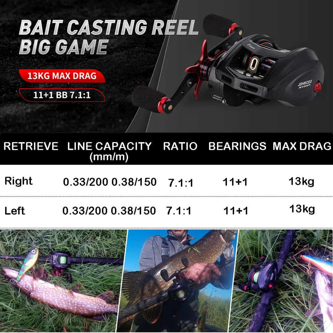 Fishing Reel JOHNCOO Fishing reel MT200 Bait Casting Reel Big Game 13kg Max Drag jigging 11 + 1 BB 7.1:1 Baitcasting reel
