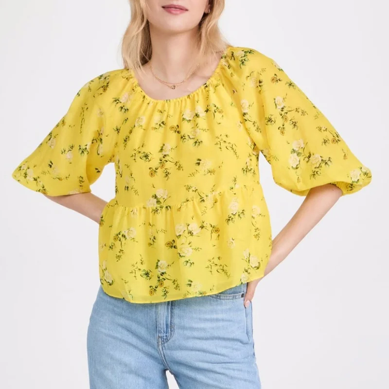 

2022 Autumn Women Shirt Yellow Floral Cotton Top