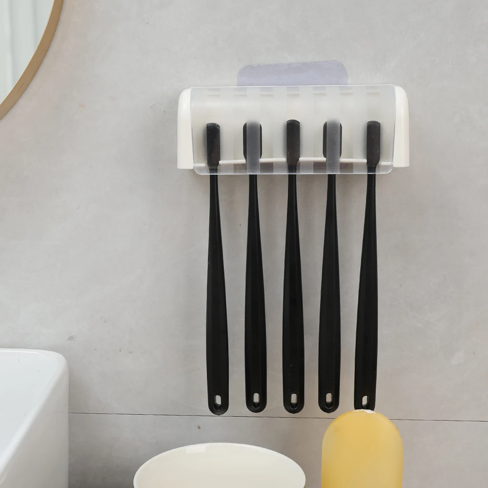 Toothbrush Holder Bathroom Storage Rack Bathroom Wallmount Toothbrush Holder with Cover 5 Slots Without Drilling Home Bathroom Self Adhered Toothbrush Storage Racks