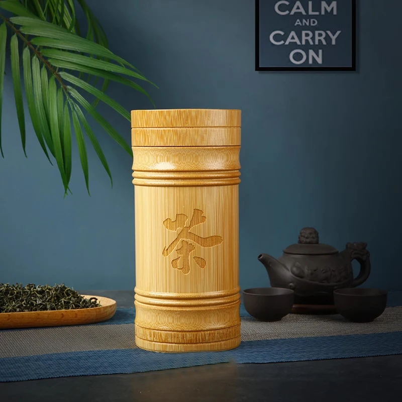 Handmade Bamboo Tea Storage Box Chinese Carved Tea Canister Lid Seal Kitchen Storage Jars Food Nuts Spice Box Case Organizer