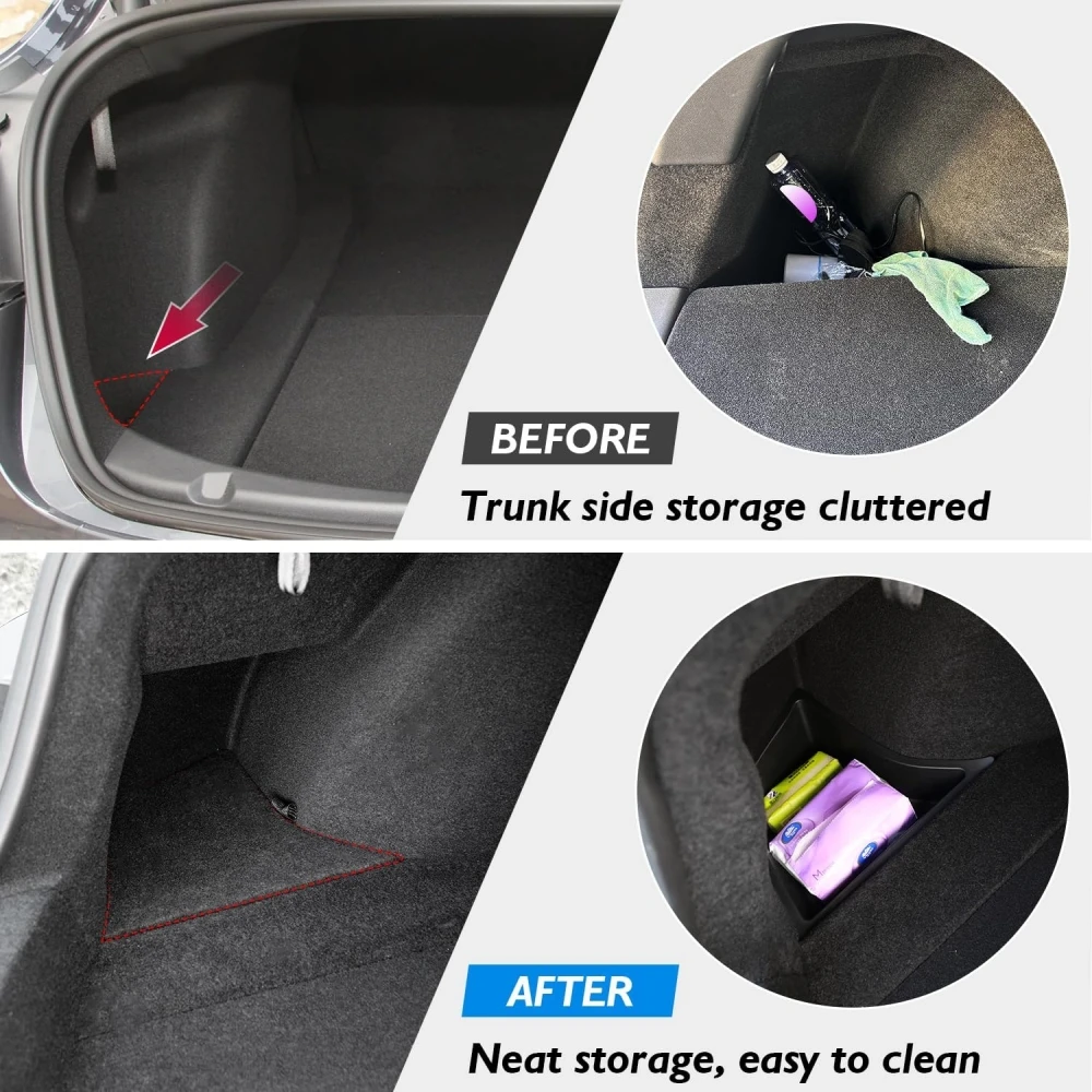 Car Trunk Storage Bins For Tesla Model 3 Highland Trunk Side Storage Bins Cargo Compartment Liners TPE Box Boot Organizer Bucket With Lid