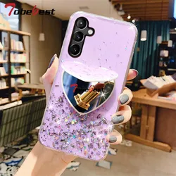 Glitter Heart Mirror Phone Holder Case with Sparkling Design and Holder Grip for A06 (PURPLE)