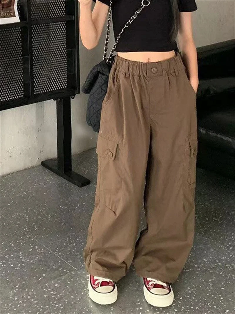 십대 소녀 카고 바지, 느슨한 캐주얼 패션 바지, 멋진 스트리트웨어 바지, 어린이 포켓 디자인, 트렌디 스웻팬츠