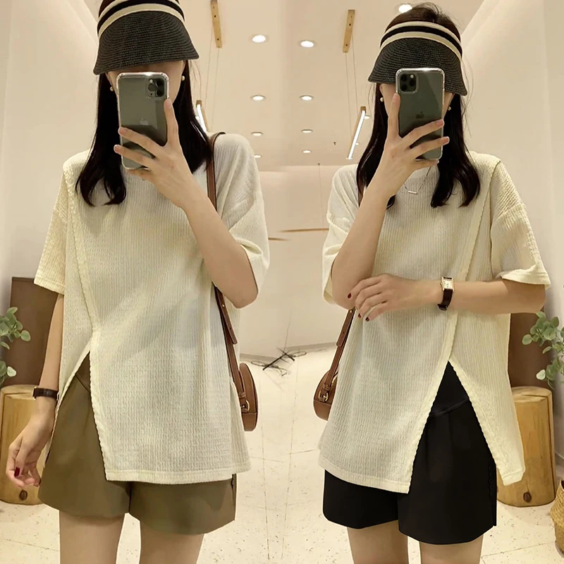 

Summer Maternity Clothes Set Korean Style Hot Selling Irregular Split Tees+belly Tops Twinset Pregnant Woman Two Pieces Suits