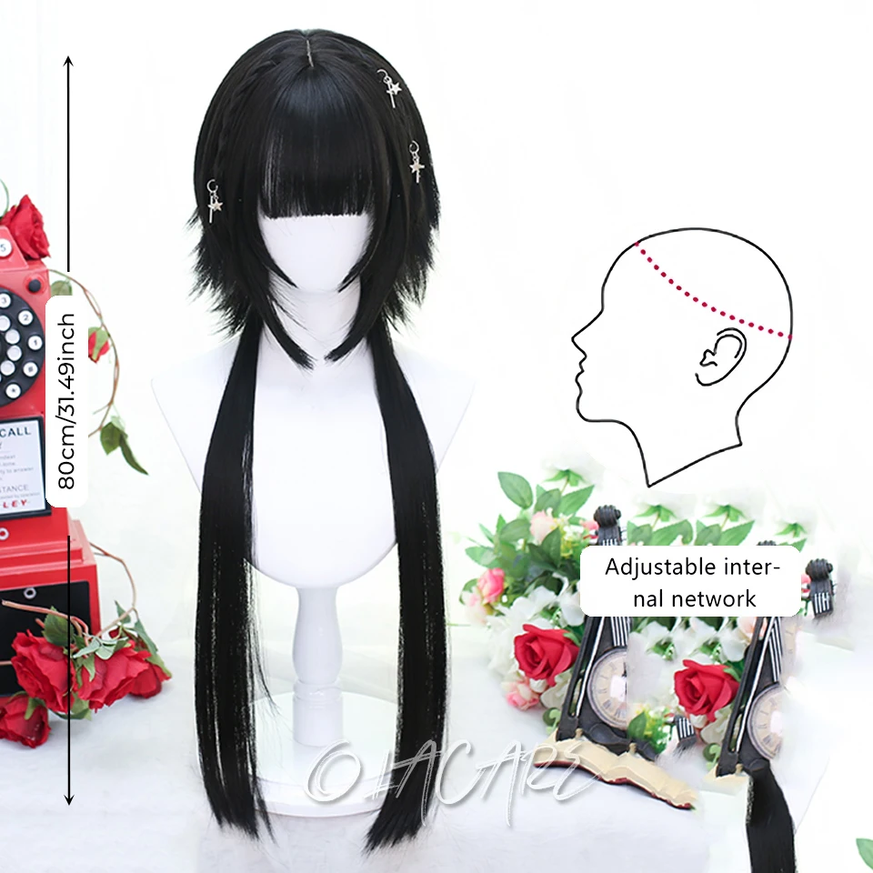 OLACARE Synthetic Long Straight Lolita Wig with Bang Ombre Red Purple Blue Cosplay Party Halloween Christmas Wavy Curly Wig