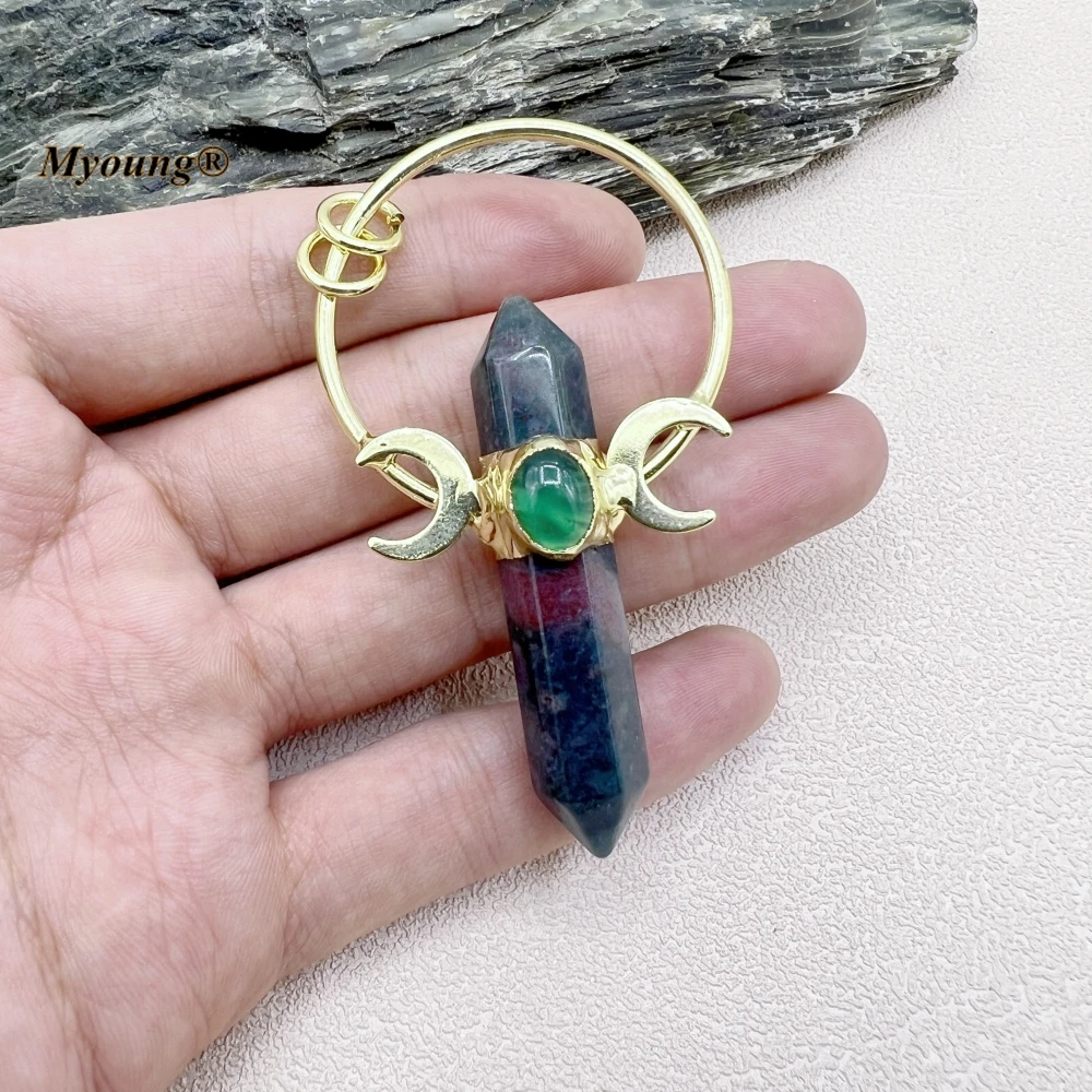 

Pure Gold Color Plated Hexagon Column Shape Natural Ocean Jaspers Moss Agates Stone Moon Necklace Pendant MY2304