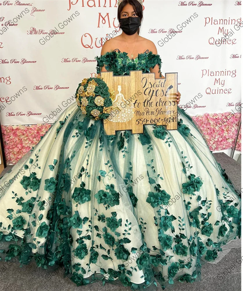 Quinceanera Patterned Green Skirt Emerald Green Floral Quinceanera