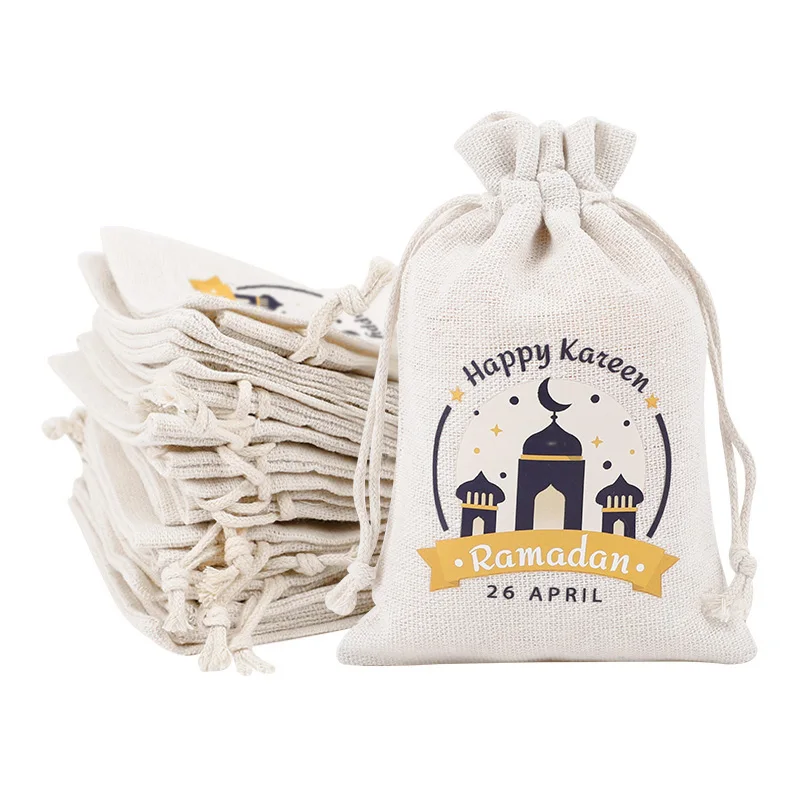 10Pcs Ramadan Linen Gift Bag with Drawstring 2025 Islamic Muslim Party Decor Supplies Eid Mubarak Candy Snack Packaging Pouch