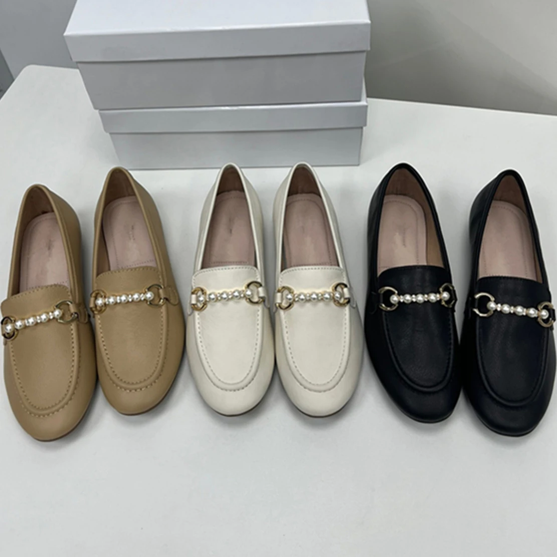 

Maxdutti French Fashion Flat Shoes Women Office Ladies Commuter Loafers Genuine Leather Comfortable Pearl Leather