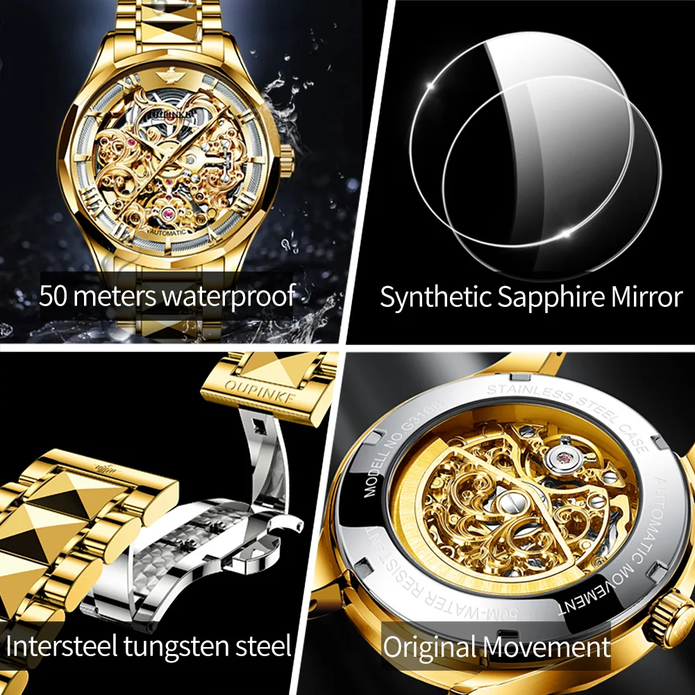 OUPINKE 3168 Luxury Mens Watches Transparent Hollow Out Tungsten steel Automatic Mechanical Watch 50m Waterproof Man Wristwatch