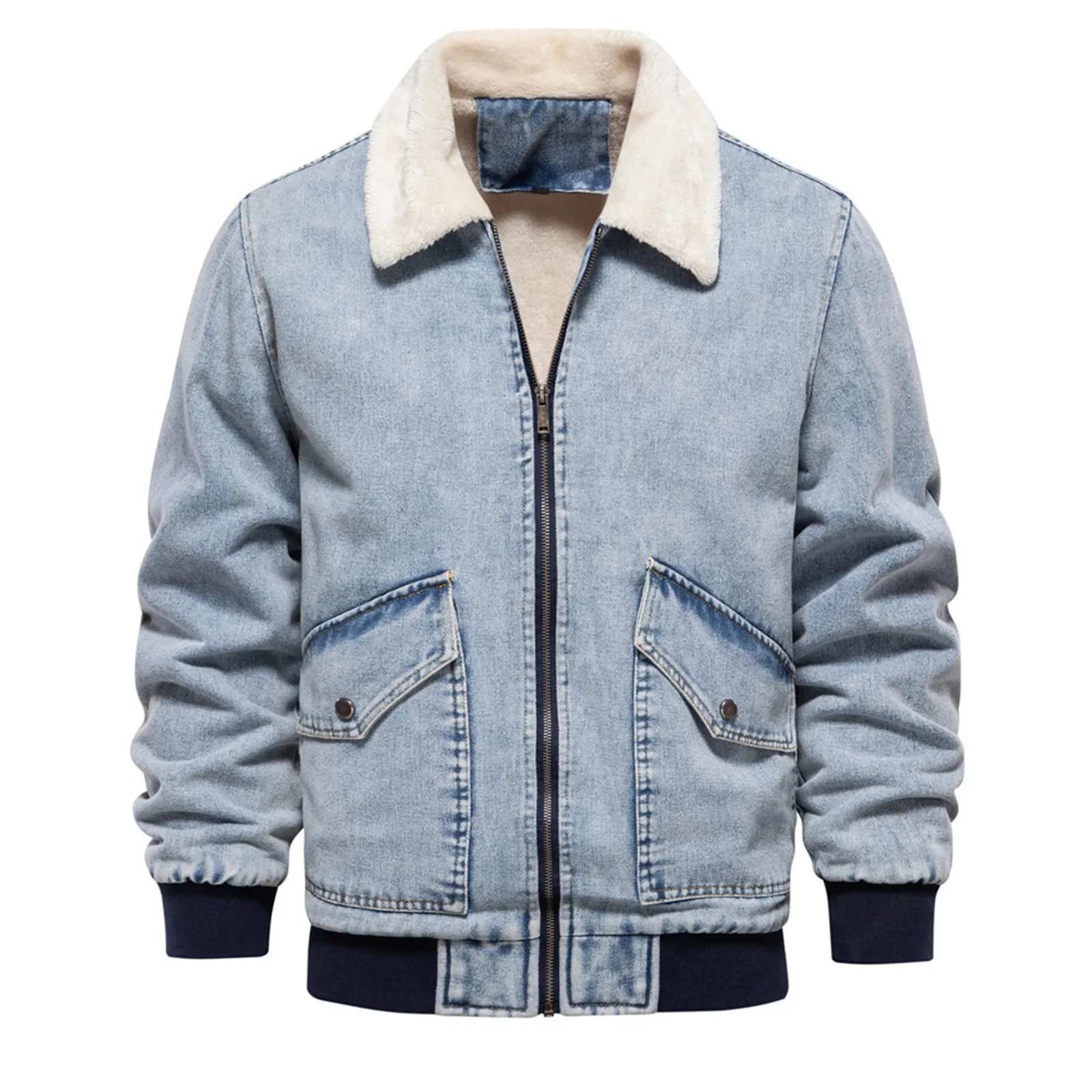 

Men Jean Jacket Thicken Lamb Cashmere Lining Solid Color Coldproof Outerwear Winter Single Breasted Denim Coat Mens Streetwear