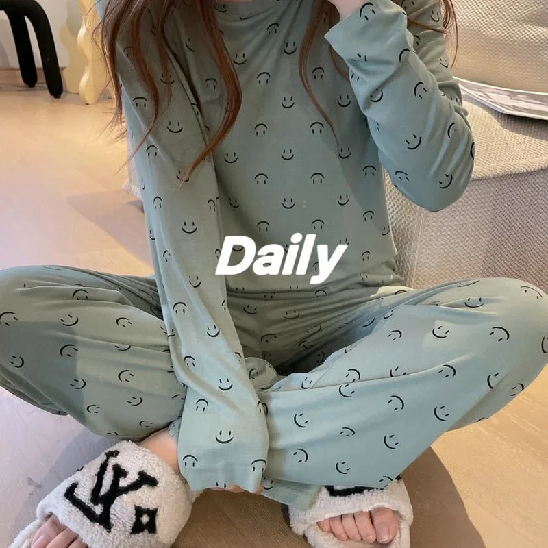 Neue Damenkleidung Smiley Zweiteiliges Set Langarm-Oberteil Lange Hose Weich Hautfreundlich Sport-Schlafanzug Bequemes Loungewear-Set – Detail 10