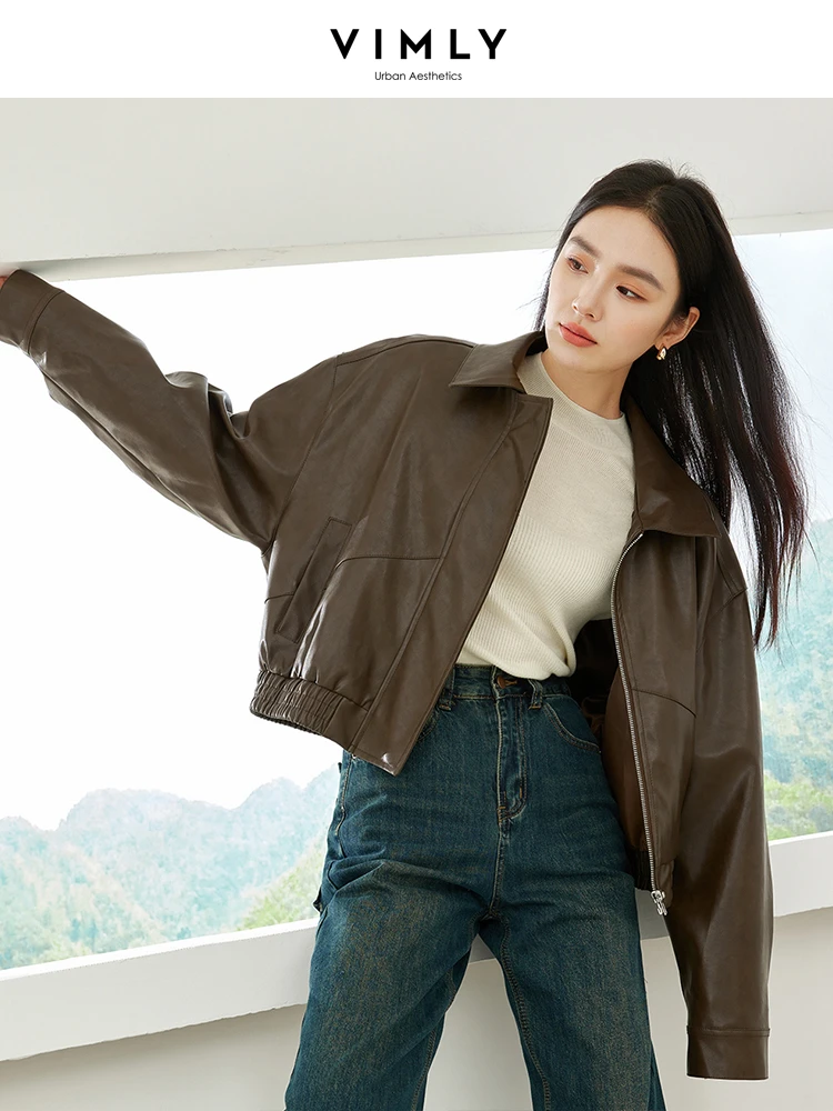 

Vimly Women's Moto Biker Jacket Lapel Zipper Cropped Faux Leather Jackets 2023 Fall Winter Drop Sleeve Loose Outerwears 30062