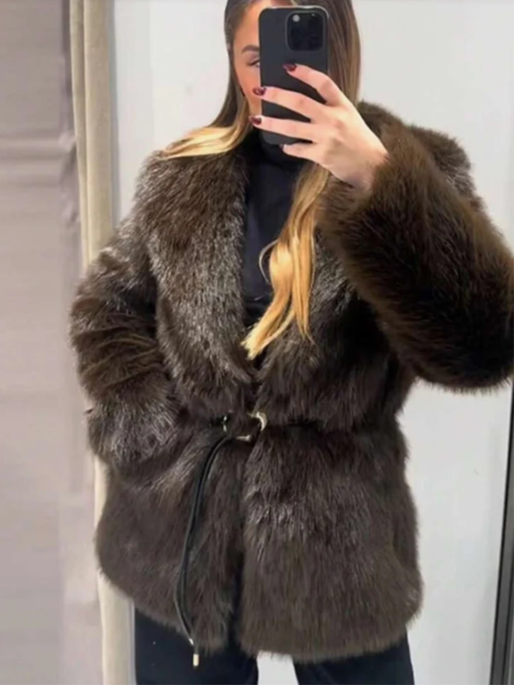Women's Lapel Faux Fur Coat With Belt Winter Fashion Elegant Long Sleeve Thicken Warm Jackets Casual Female Street Outerwear