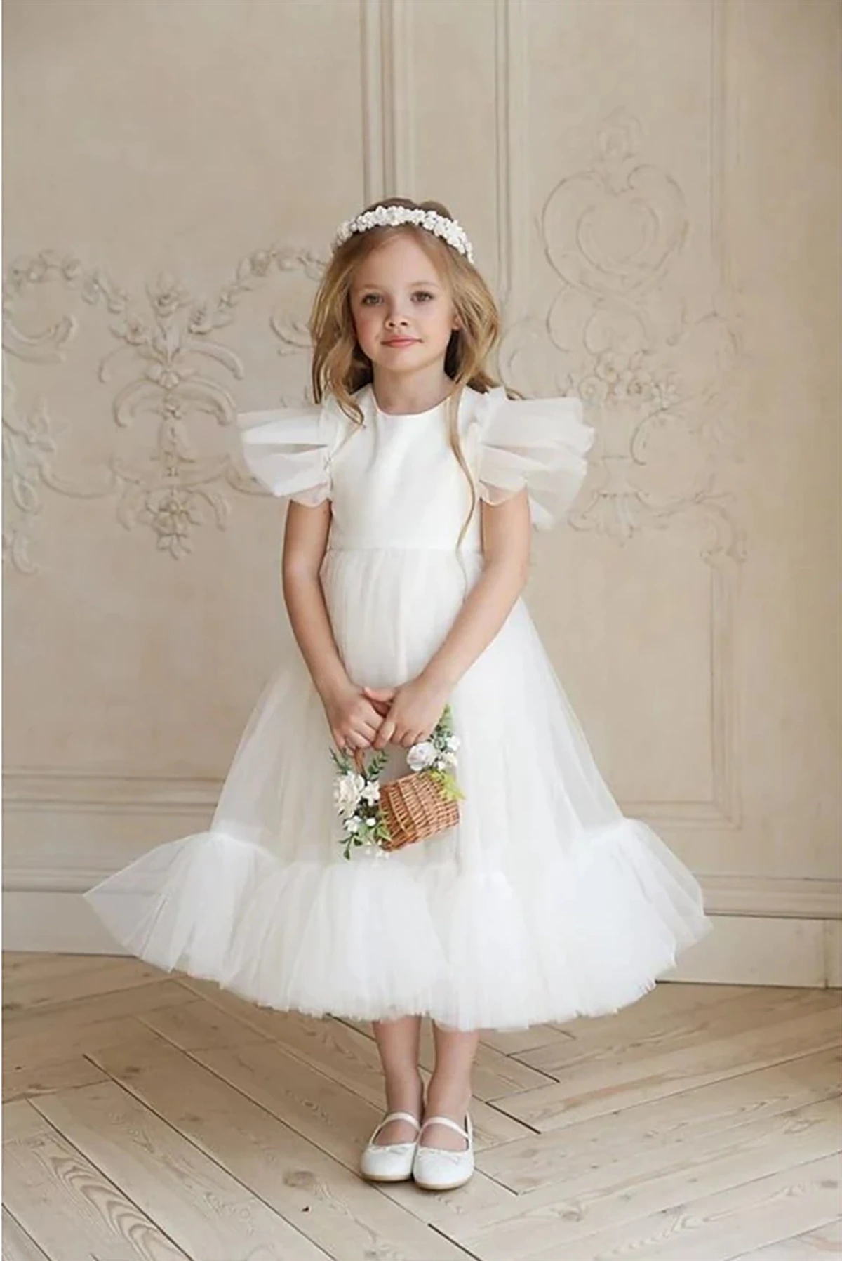 

Simple White Princess Flower Girl Dresses For Wedding O-neck Tulle Ruffle First Communion Prom Ball Beauty Pageant Gowns