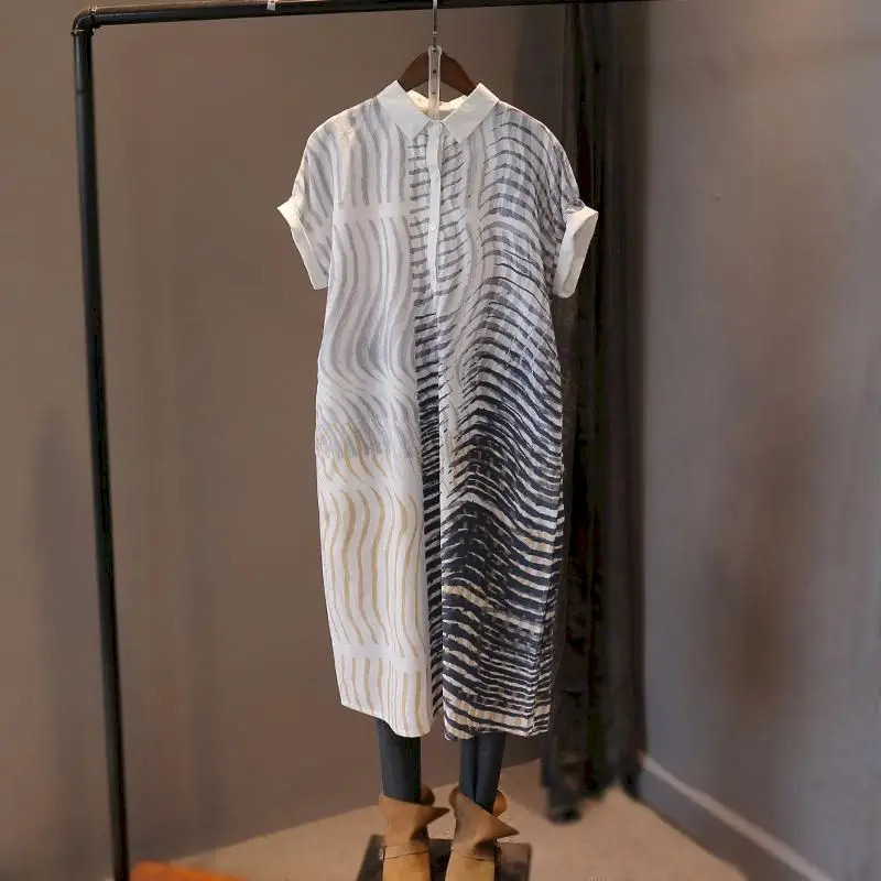 

Cotton Linen Dresses Women Fashion POLO Collar Casual Shirt Dress Loose Short Sleeve Mid Length Oversize Dress Summer Trend Thin