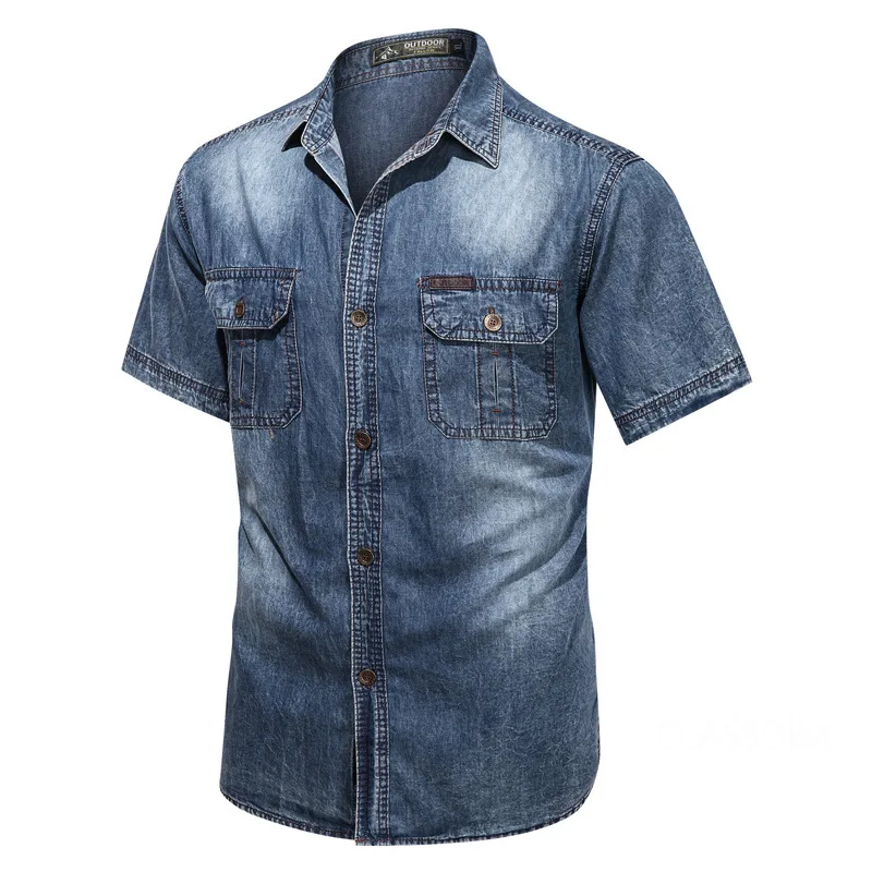 Denim shirt Men Short Sleeve Multi pockets Tooling 3