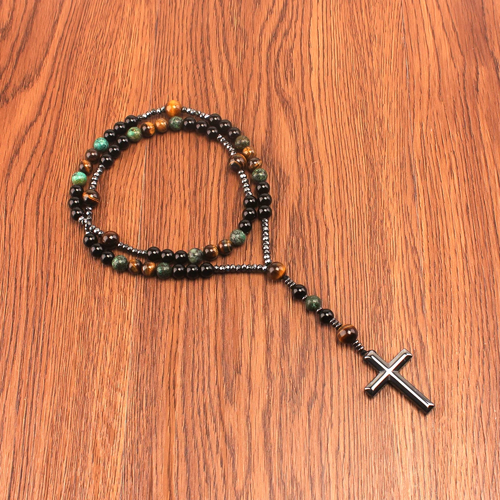 Natural Stone Africa Turquoise and Tiger-eye Beads Cross Pendant Necklace Rosary Men Women