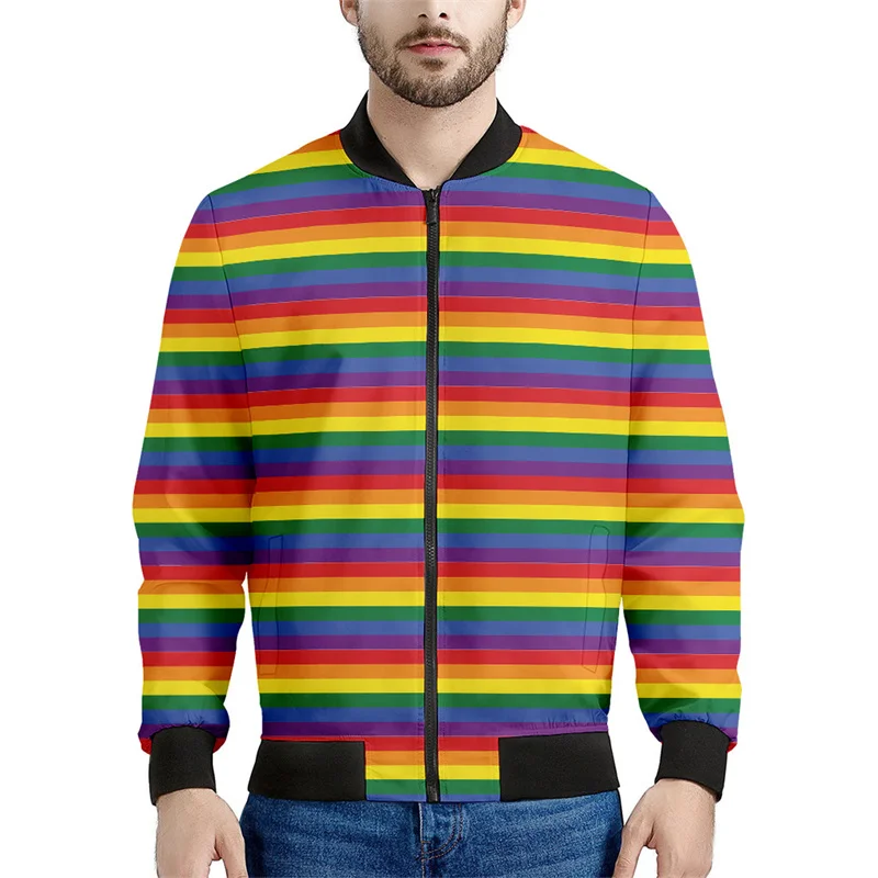 thumbnail image 1 of Chaqueta con cremallera y diseño geométrico de arcoíris a la moda para hombre, sudadera con rayas de colores con estampado 3D, chaquetas bomber urbanas geniales para niños, abrigos, 1 of 4
