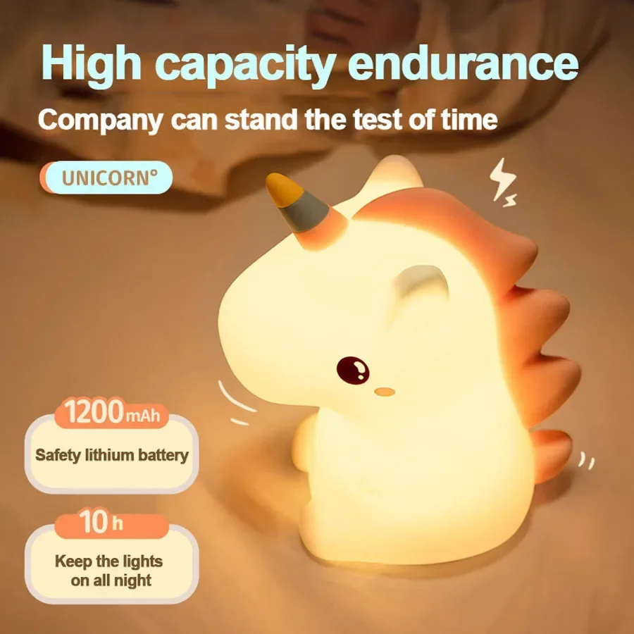 Unicorn Silicone LED Night Light - Rechargeable Cartoon Animal Bedroom Decor & Kids' Gift