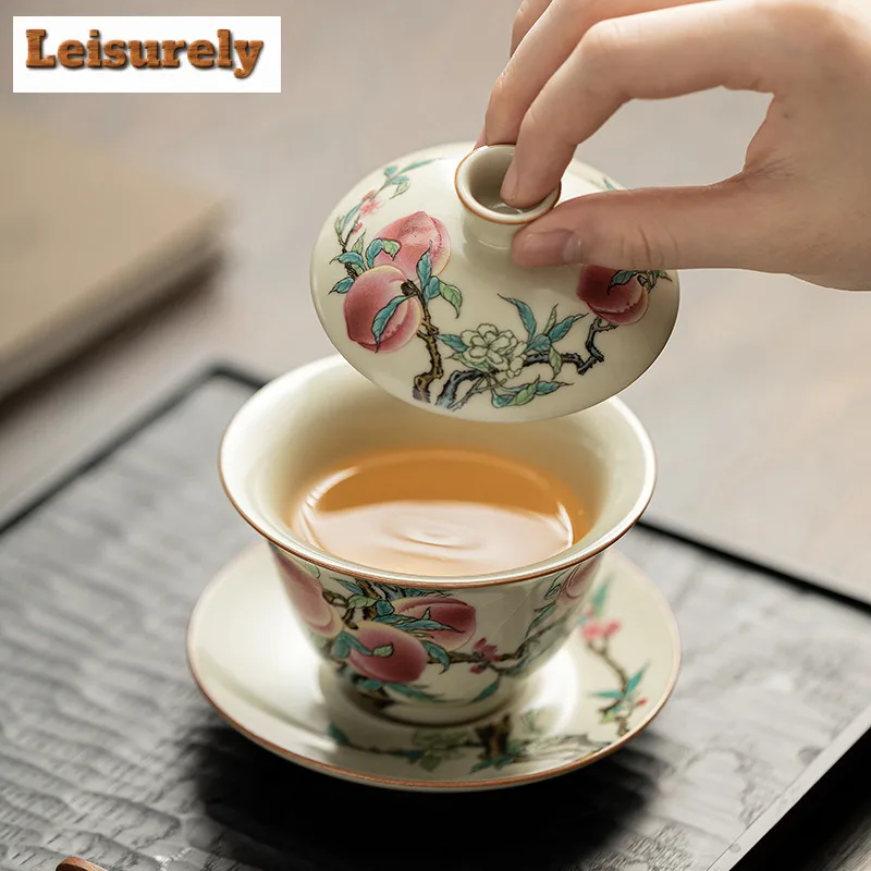 120ml Antique Ru Kiln Porcelain Gaiwan Creative Nine Peach Sancai  Tea Tureen Boutique Tea Maker Cover Bowl Tableware Craft Gift