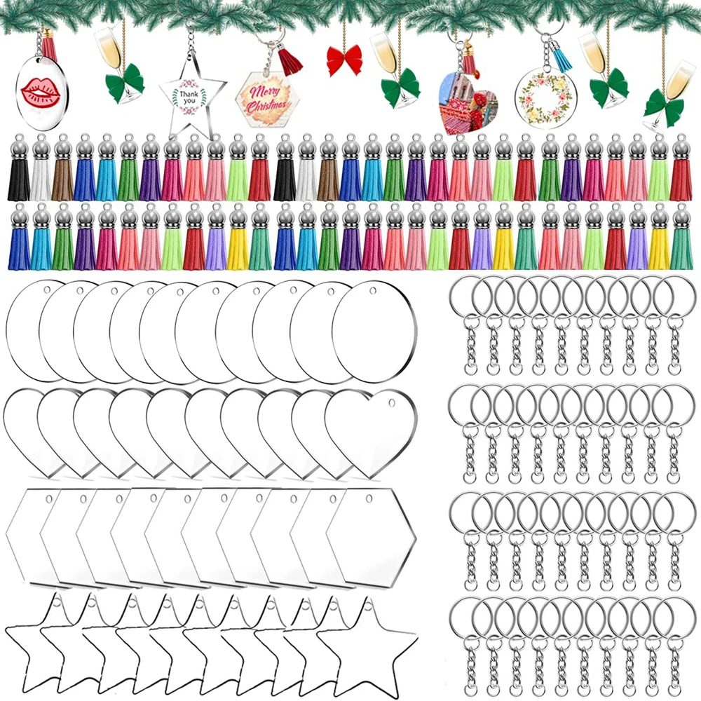 

120pcs Christmas Acrylic Keychain Blanks Clear Keychains for Vinyl Kit Star Heart Round Geometry Acrylic Blanks Keychain