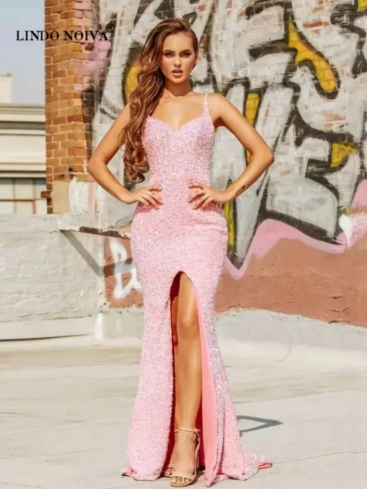 

LINDO NOIVA Plus Size Elegant Pink Slip Sequin Evening Dress V Neck Front Split Padded Mermaid Prom Shine Luxury Party Dresses