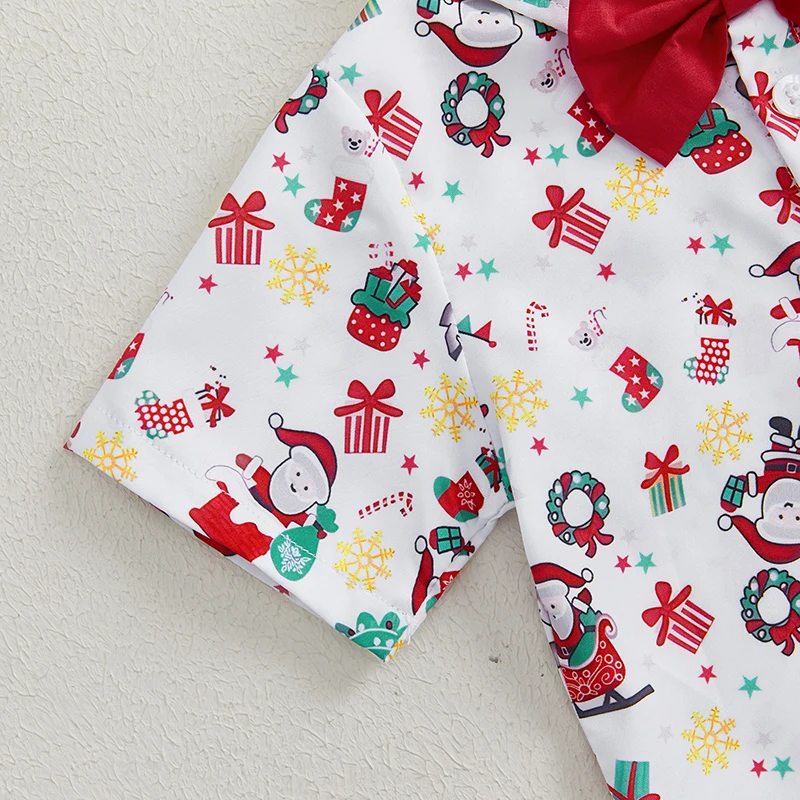 Description Picture 6 of itemToddler Boys Christmas Outfits Santa Print Bowtie Short Sleeve Shirts Tops and Shorts 2Pcs Gentleman Clothes Set