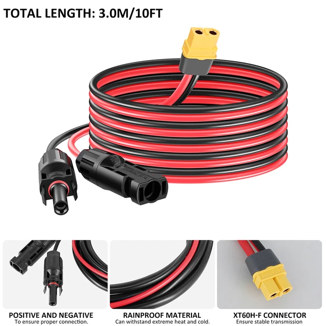 ตัวเชื่อมต่อพลังงานแสงอาทิตย์เข้ากับอะแดปเตอร์ XT60สายชาร์จ IP67กันน้ำ12AWG สายต่อแผงโซล่า10ฟุตสถานีพลังงาน 1