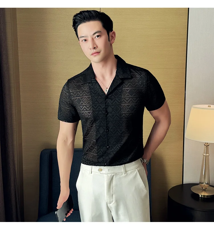 Spring/Summer Short Sleeved Shirt for Men Tailored Collar Lace Shirt Fashion Nightclub Social Party Tuxedo Blouse Streetwear